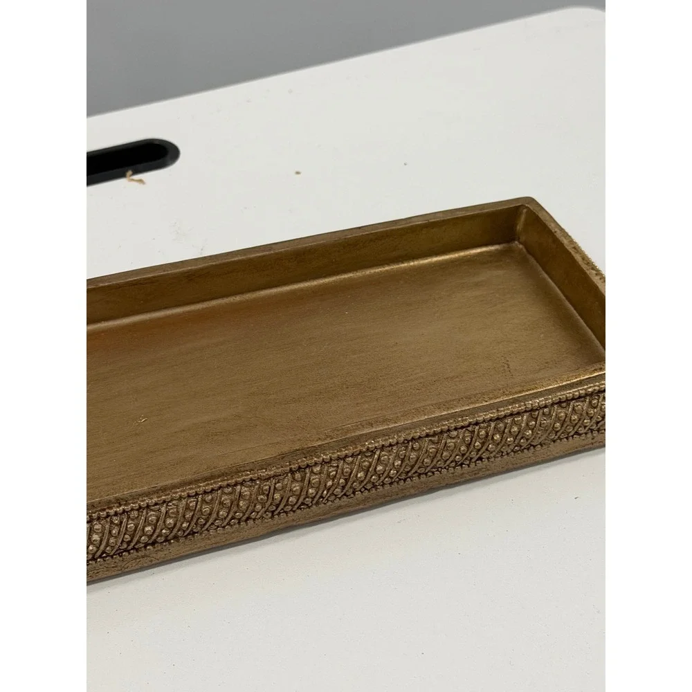 Antique Gold Rectangular Vanity Tray Beaded Texture Decorative Jewelry Dish